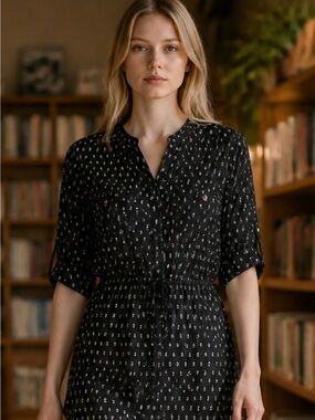 Firefly Women’s Black Printed Button Front Tie Waist Blouse Size S